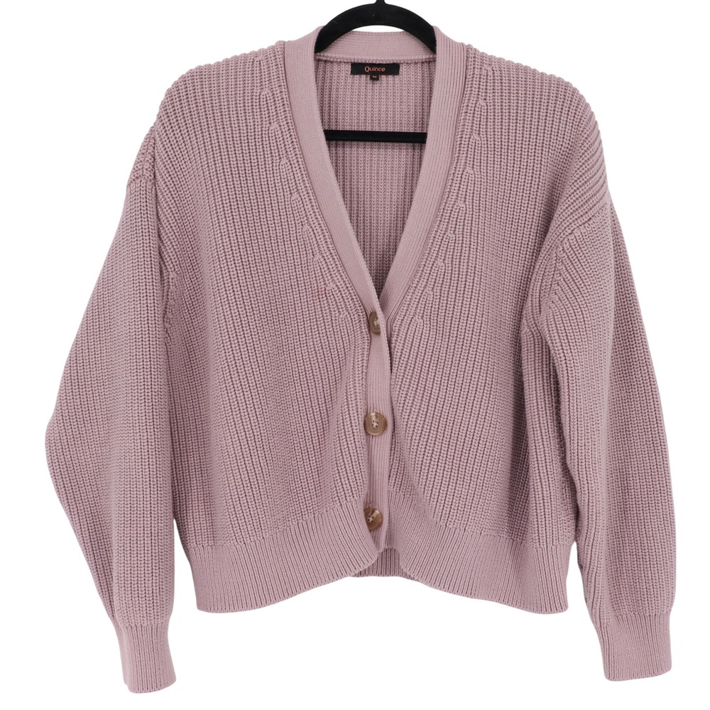 Quince Women's Organic Cotton Fisherman Boxy Cropped Cardigan Size M Dusty Pink